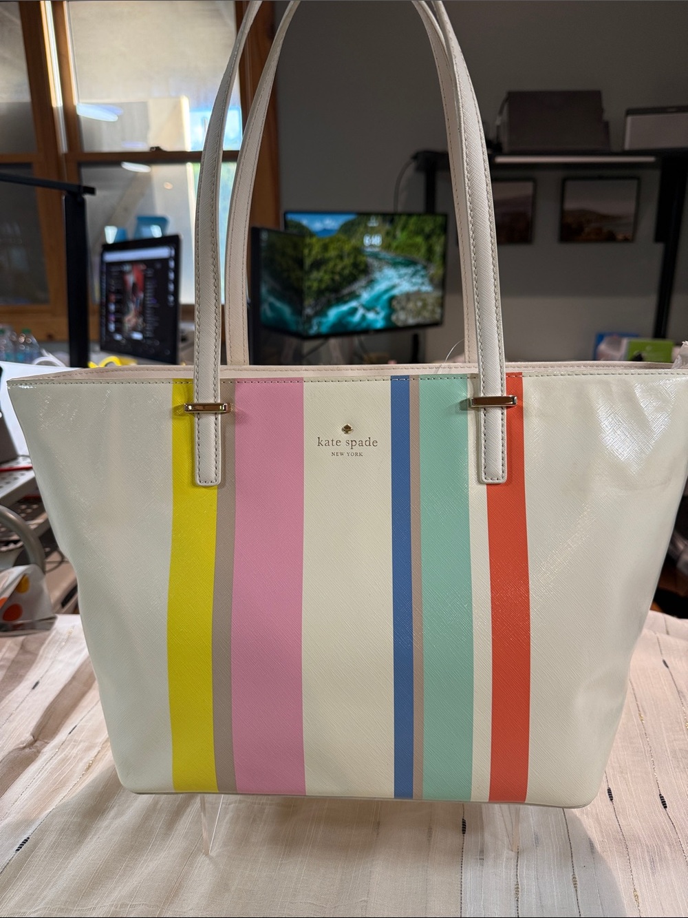 kate spade White Tote with Yellow, Pink, Blue, Mint & Coral Stripes